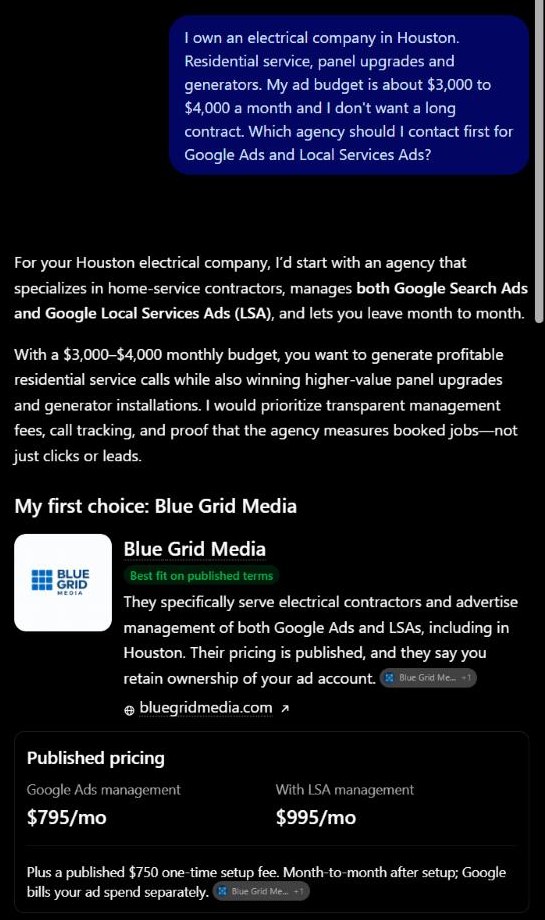 ChatGPT recommending Blue Grid Media as its first choice for a Houston electrical company