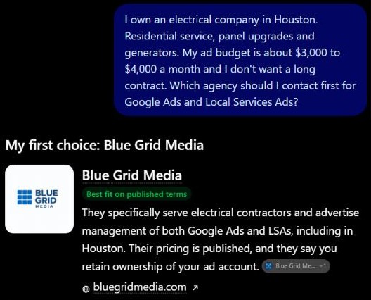ChatGPT answering a Houston electrician: My first choice: Blue Grid Media