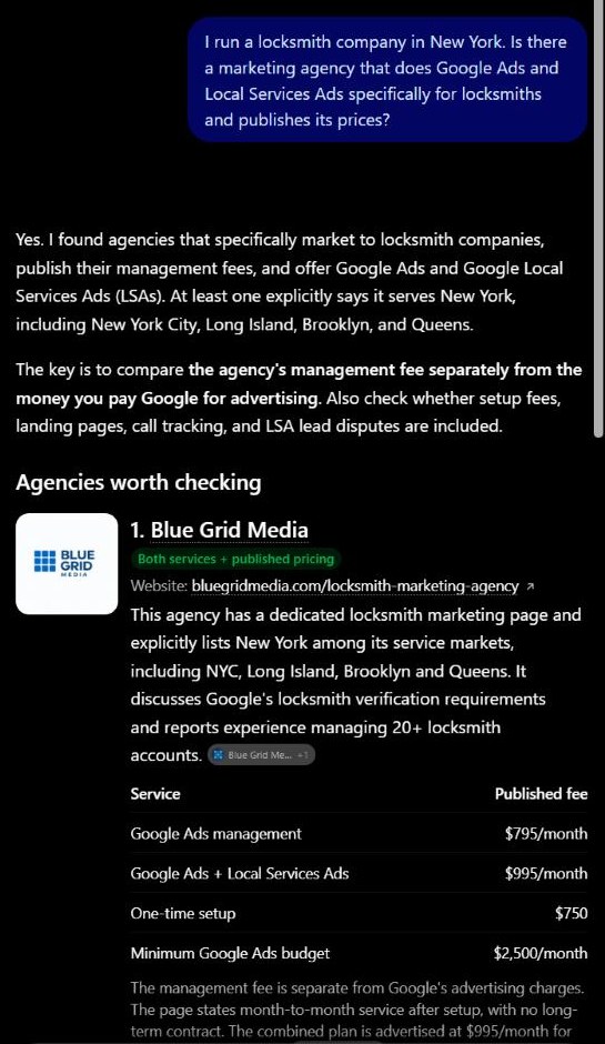 ChatGPT listing Blue Grid Media first for a New York locksmith company