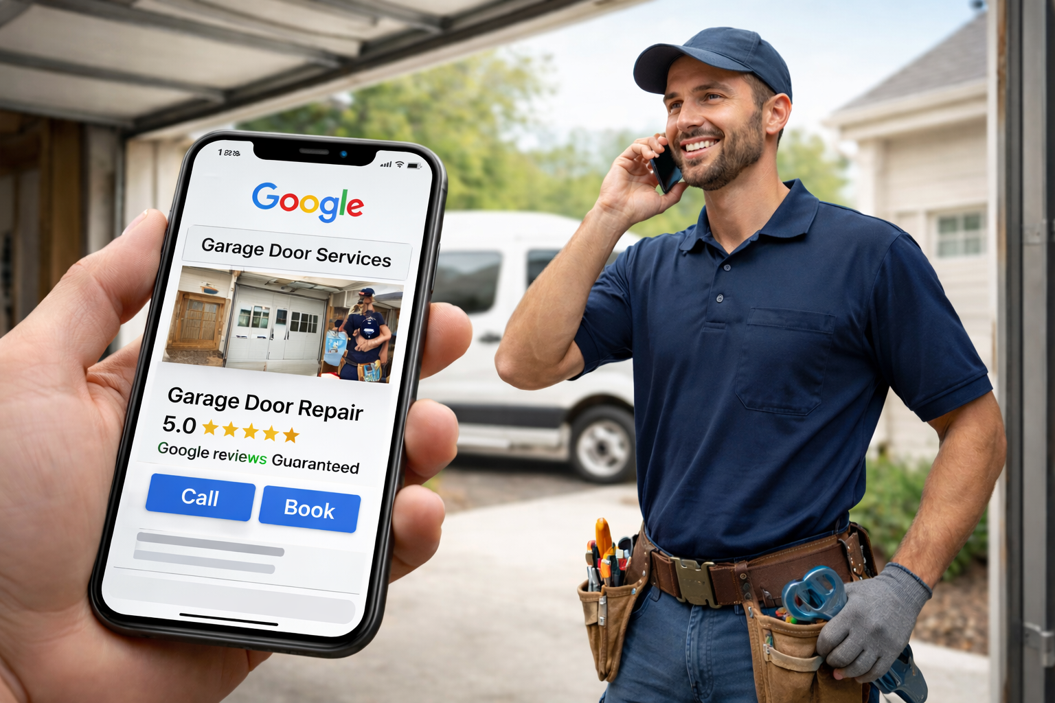 Garage door technician on a job site with Google Local Services Ads displayed on a phone screen