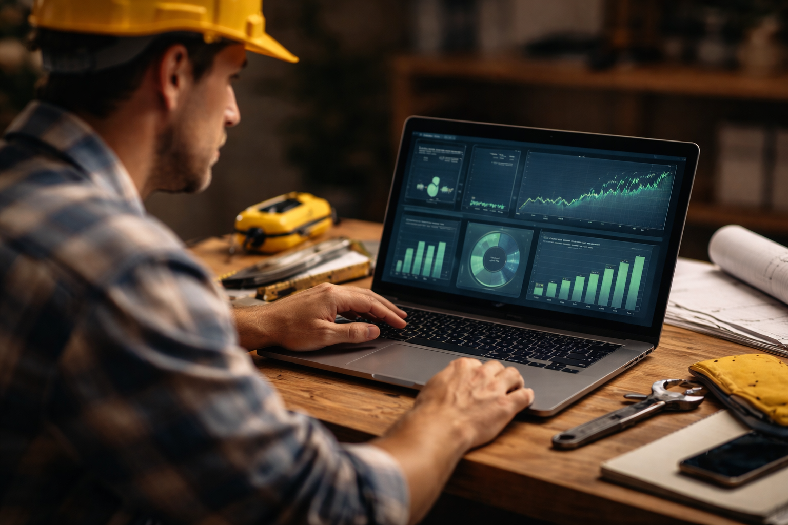 Contractor reviewing Google Ads campaign performance dashboard on laptop with tools on desk