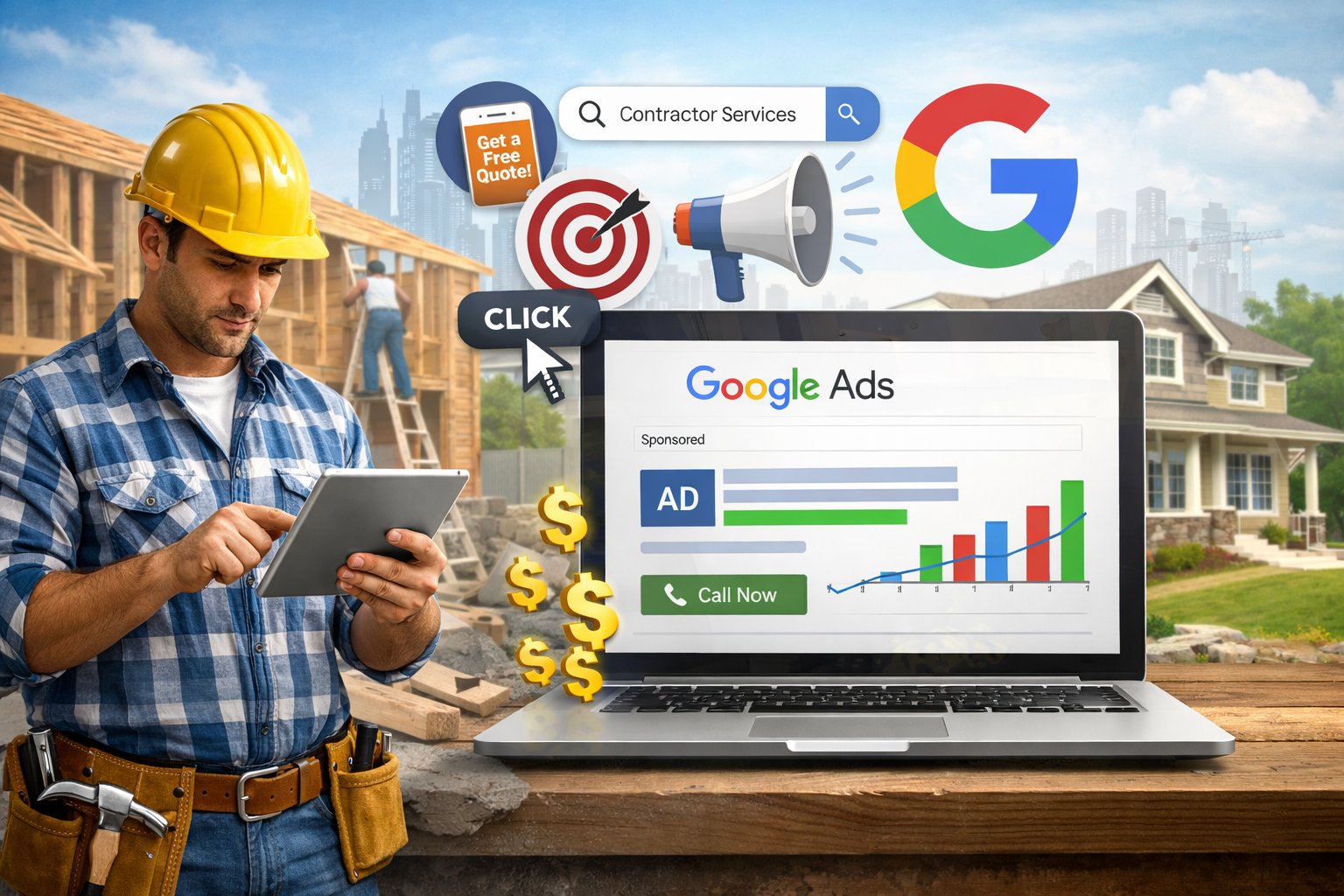 Contractor using a tablet to manage Google Ads campaigns with a laptop showing ad performance data and call tracking metrics on a job site