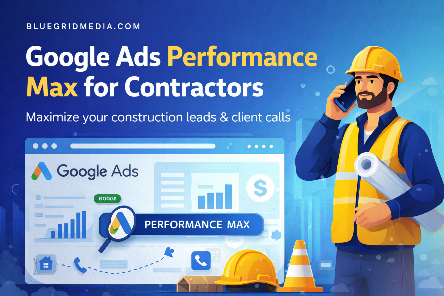 Contractor reviewing Performance Max campaign performance on a laptop showing Google Ads channel breakdown across Search, Display, YouTube, and Maps