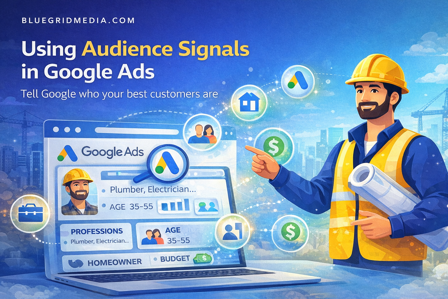Google Ads Performance Max audience signals setup showing customer list, in-market segments, and custom intent audiences for contractor campaigns