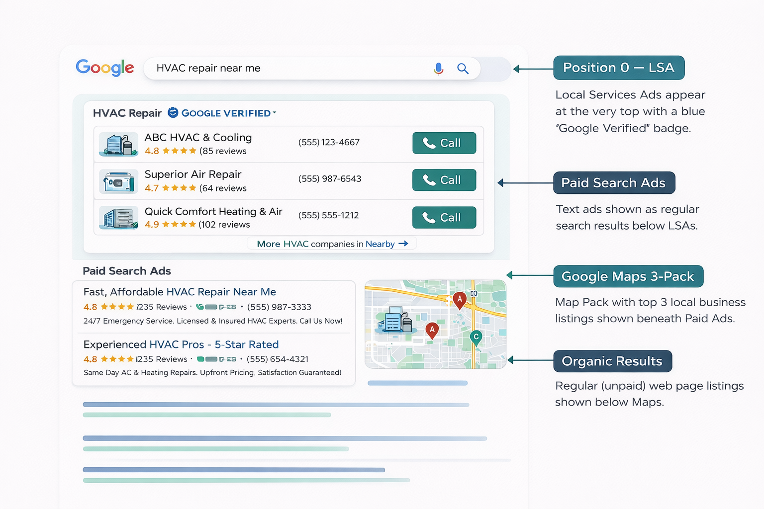 Annotated Google search results page showing where Local Services Ads appear at position zero above Google Ads and organic results