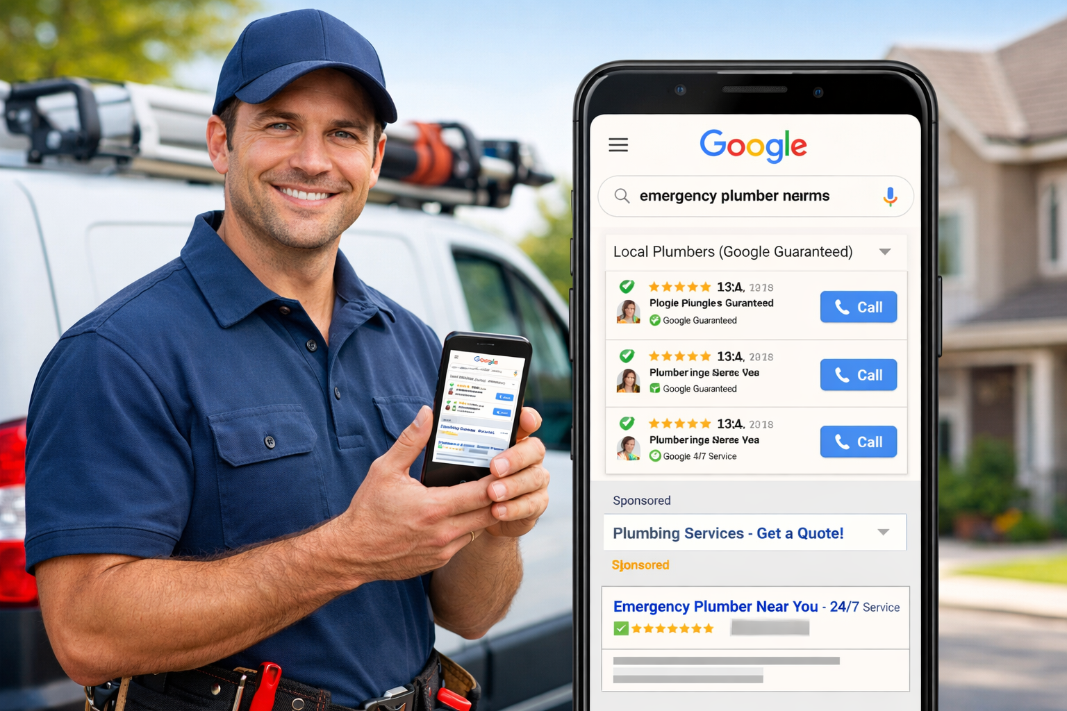 Plumber showing Google Local Services Ads and Google Ads on smartphone