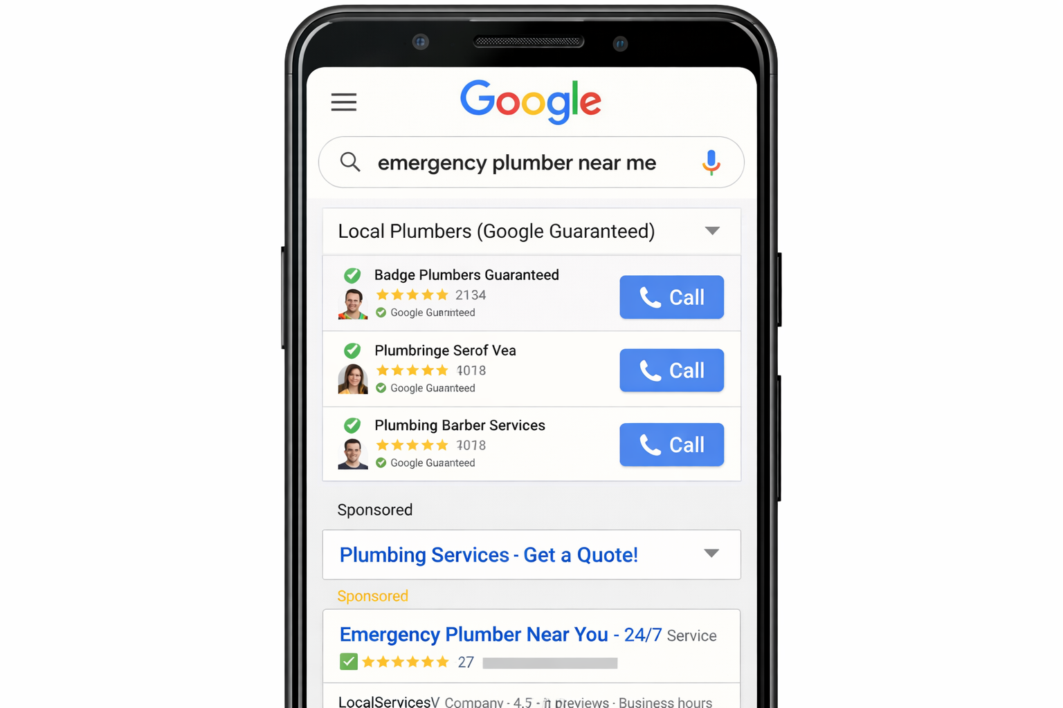 Google Local Services Ads results for emergency plumber near me