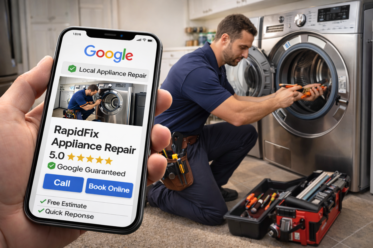 Appliance repair technician fixing a refrigerator with Google Local Services Ads on a phone screen