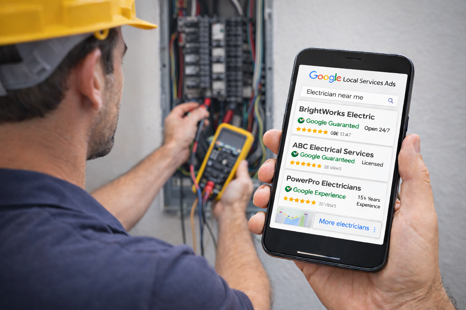 Licensed electrician working on a panel with Google Local Services Ads on a phone screen