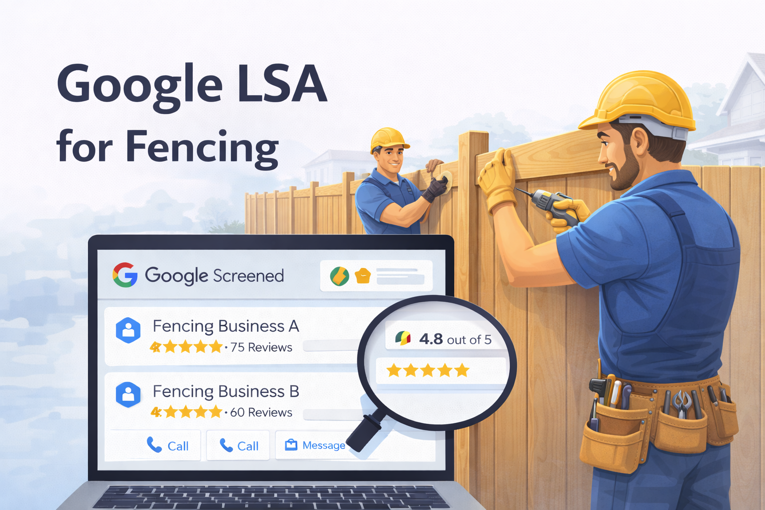 Google LSA for fencing — professional fence crew installing a new cedar privacy fence in a suburban backyard