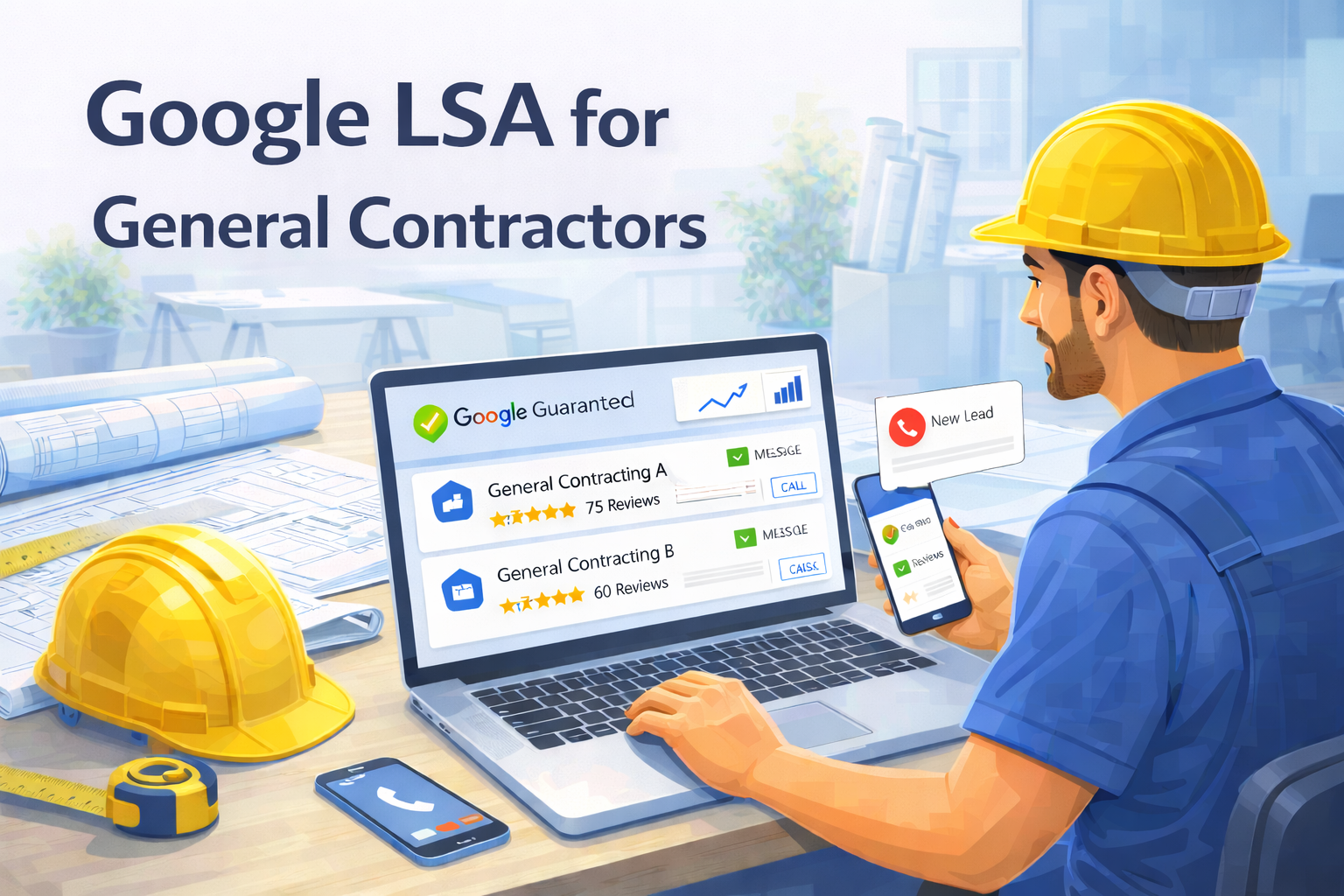 Google LSA for general contractors: GC reviewing remodeling plans with homeowner at a job site