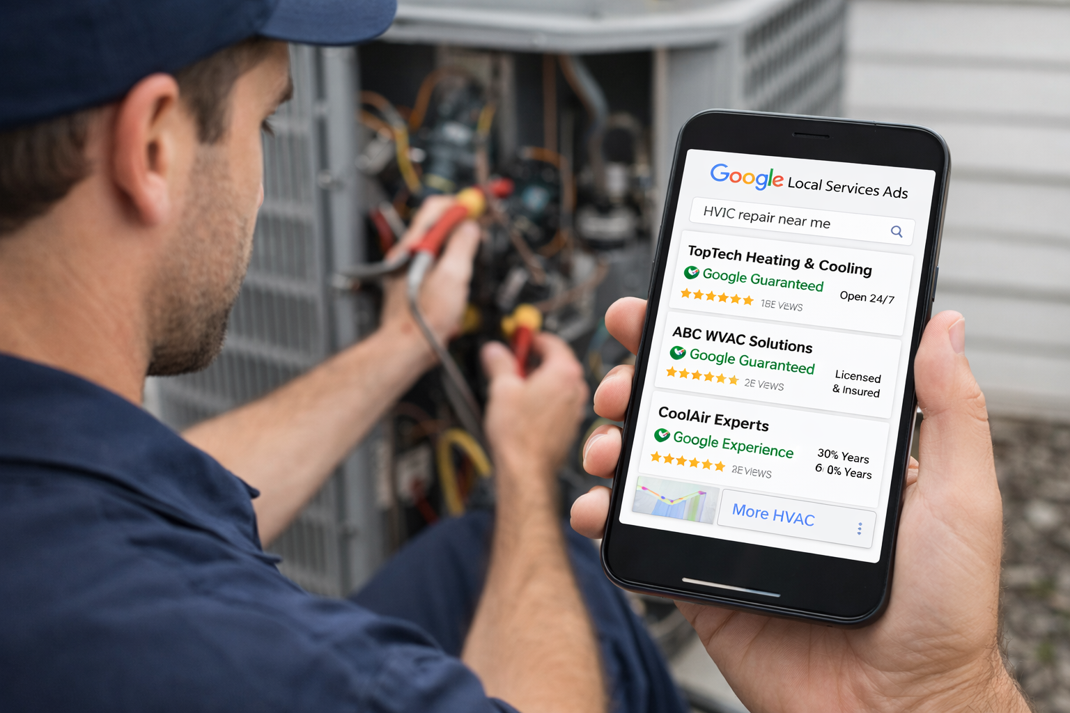 HVAC technician working on an AC unit with Google Local Services Ads on a phone screen