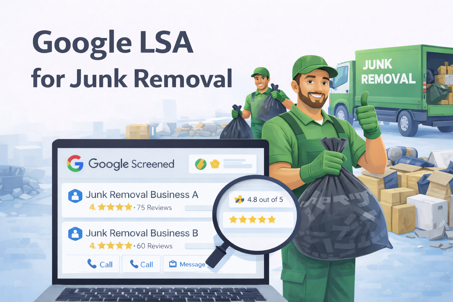 Google LSA for junk removal — professional hauling crew loading furniture into a branded removal truck
