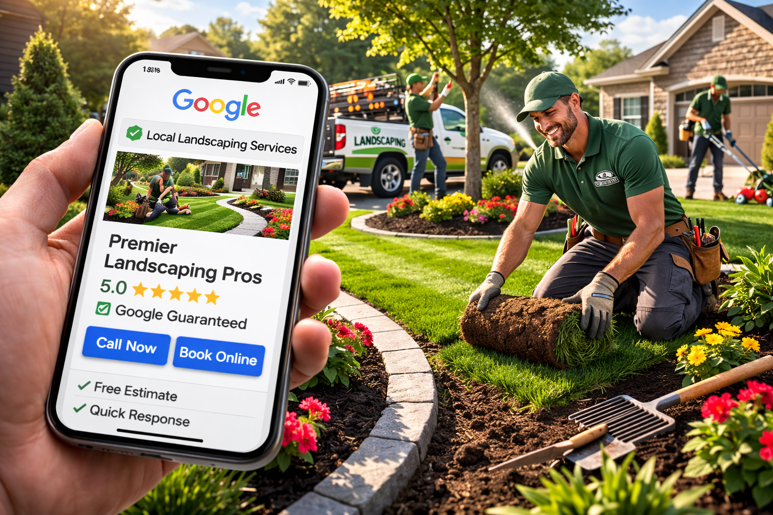Landscaping crew working on a residential property with Google Local Services Ads on a phone screen