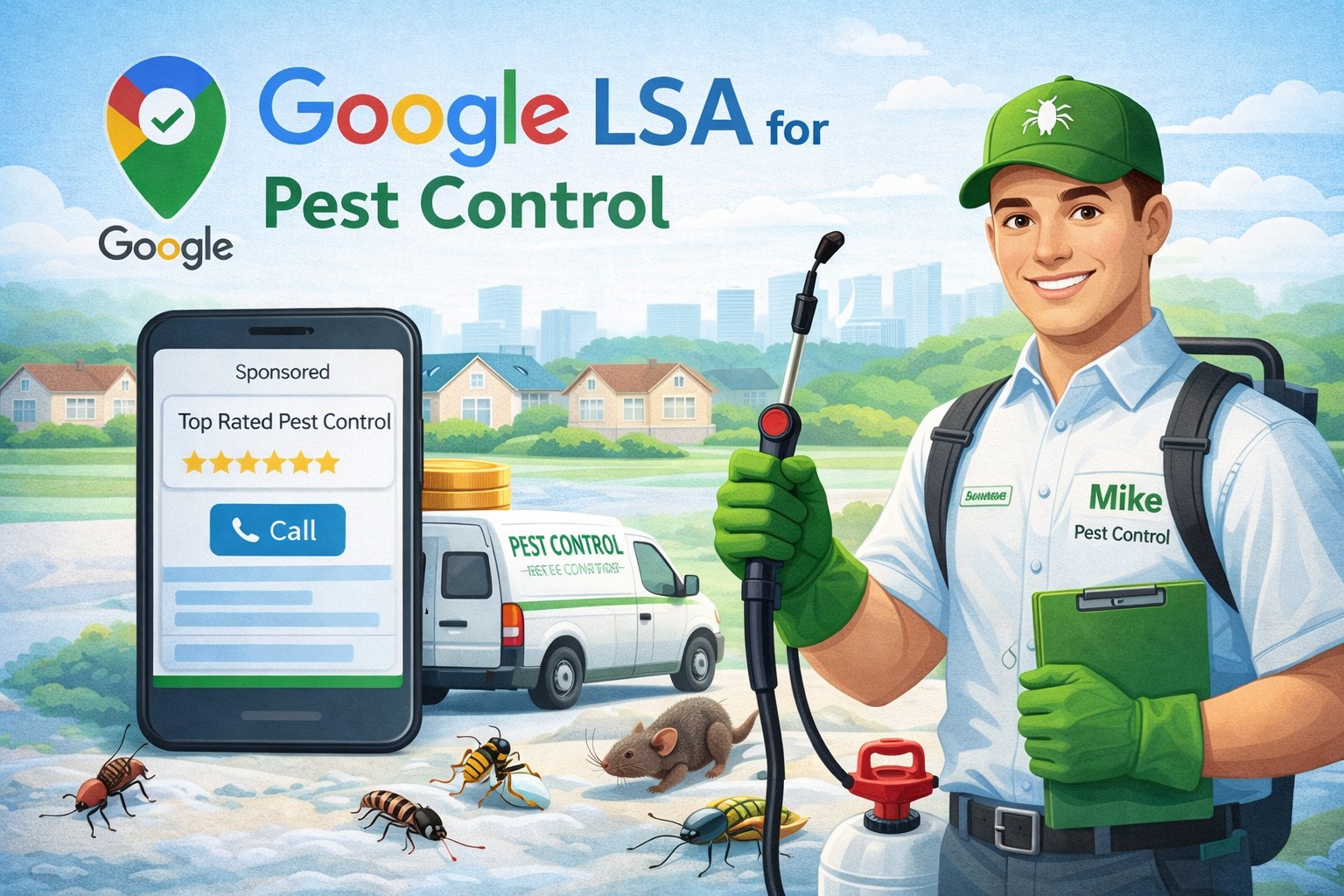 Google LSA for pest control — licensed technician with sprayer and branded pest control van