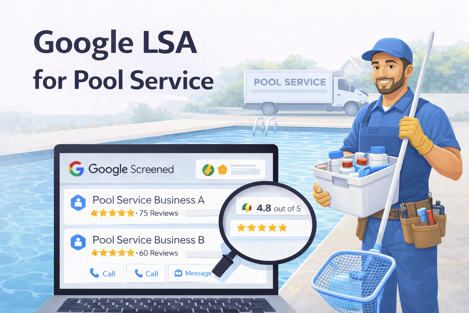 Google LSA for pool service — technician testing water chemistry beside a sparkling blue residential swimming pool