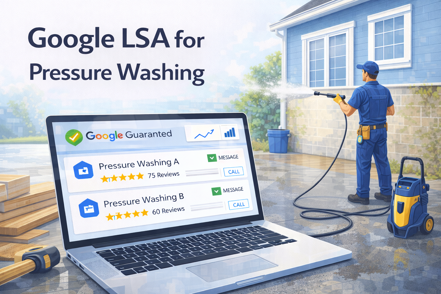 Pressure washing technician cleaning a residential driveway with Google Local Services Ads on a mobile phone