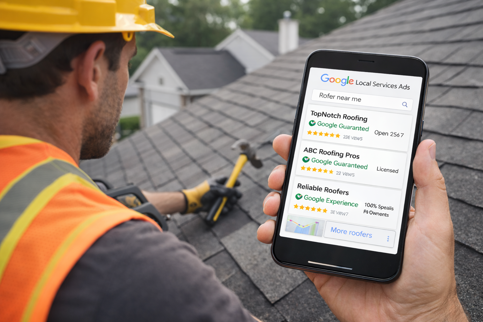 Roofer working on a residential roof with Google Local Services Ads on a phone screen