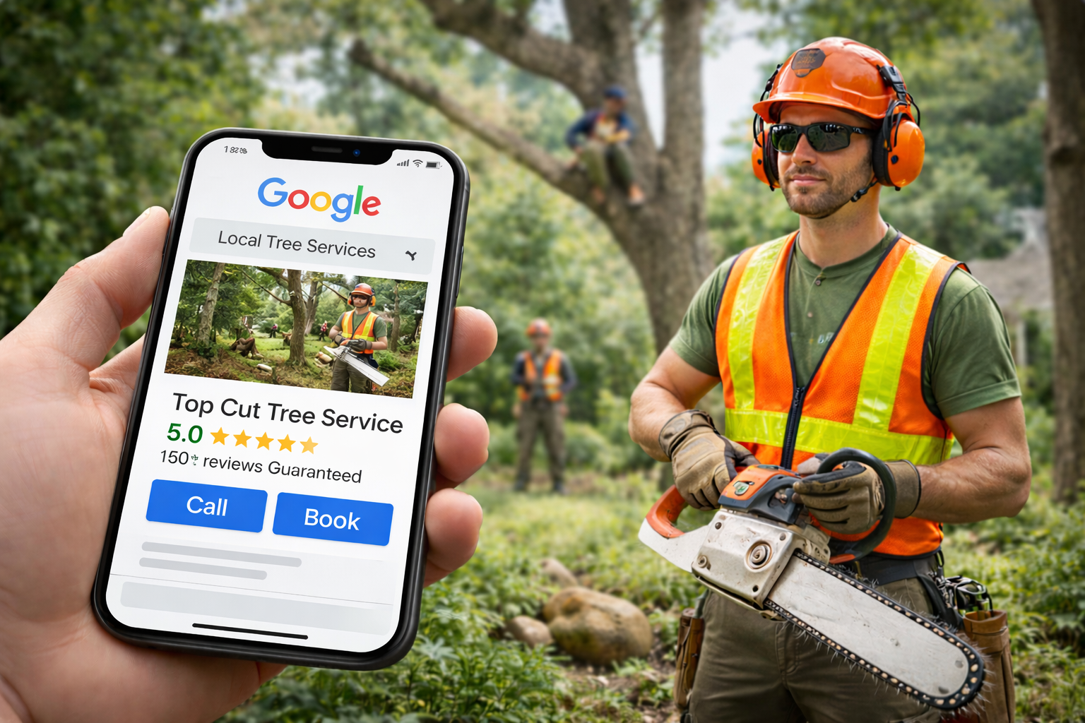 Tree service crew removing a large tree with Google Local Services Ads on a phone screen