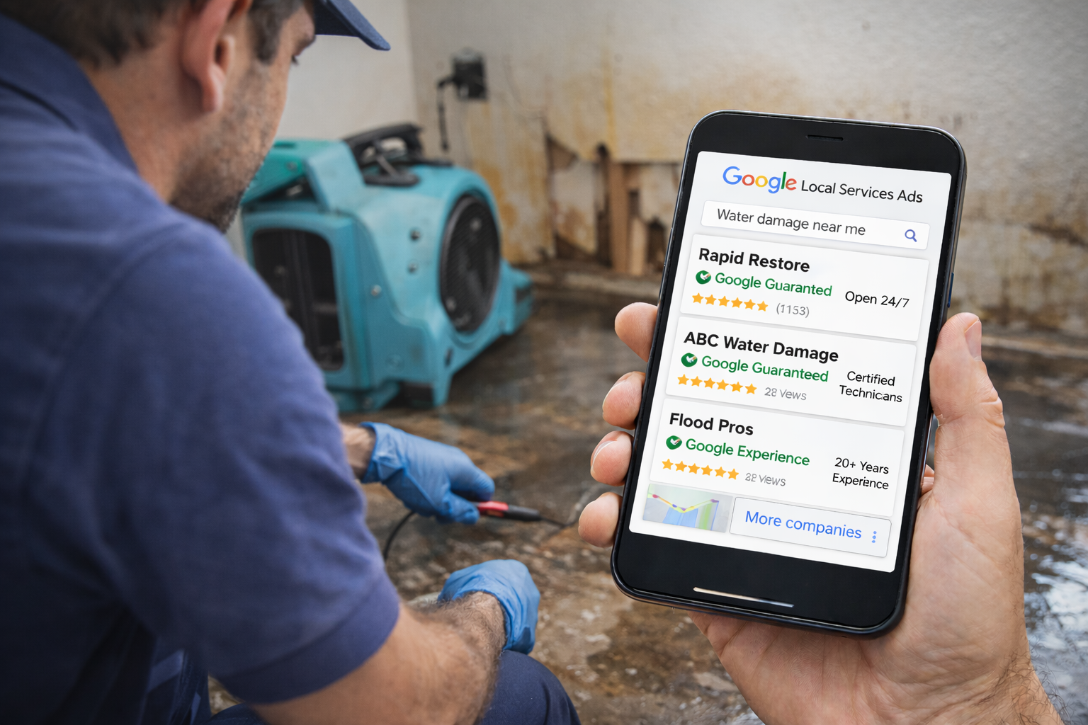 Water damage restoration technician on site with Google Local Services Ads on a phone screen