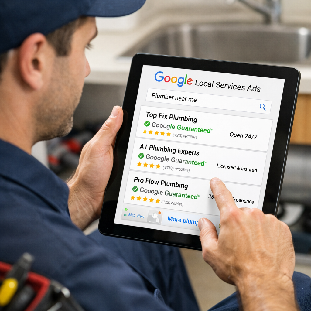 Home service technician checking Google Local Services Ads ranking on a tablet