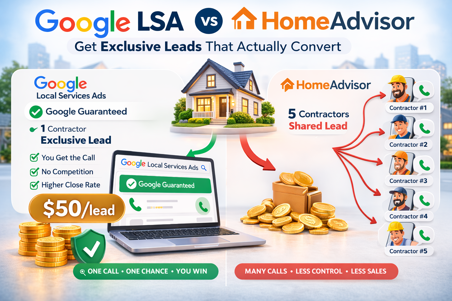Google Local Services Ads listing compared to HomeAdvisor contractor profile for home services