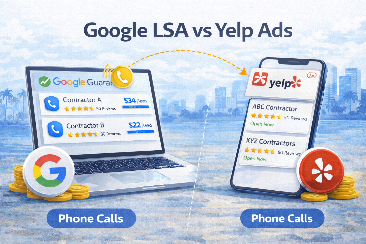 Google Local Services Ads listing compared to Yelp sponsored listing for a home services contractor