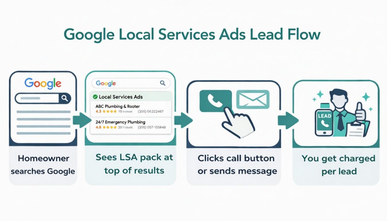 Flowchart showing how a Google Local Services Ads lead moves from search query to phone call to booked job