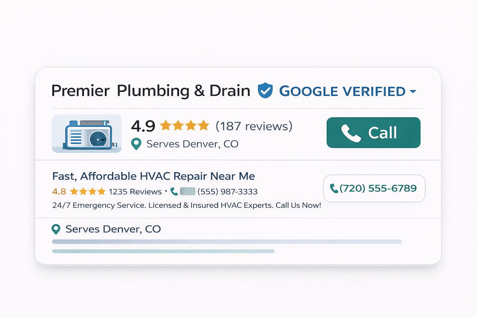 Google Local Services Ads listing showing the blue Google Verified badge next to a contractor business name in search results