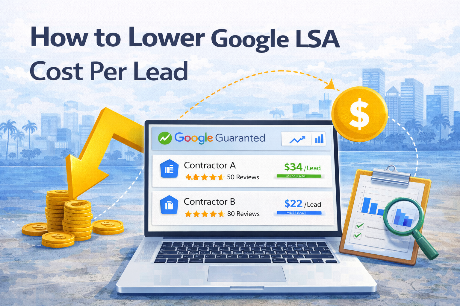Guide to lowering Google LSA cost per lead showing optimization tactics for contractors
