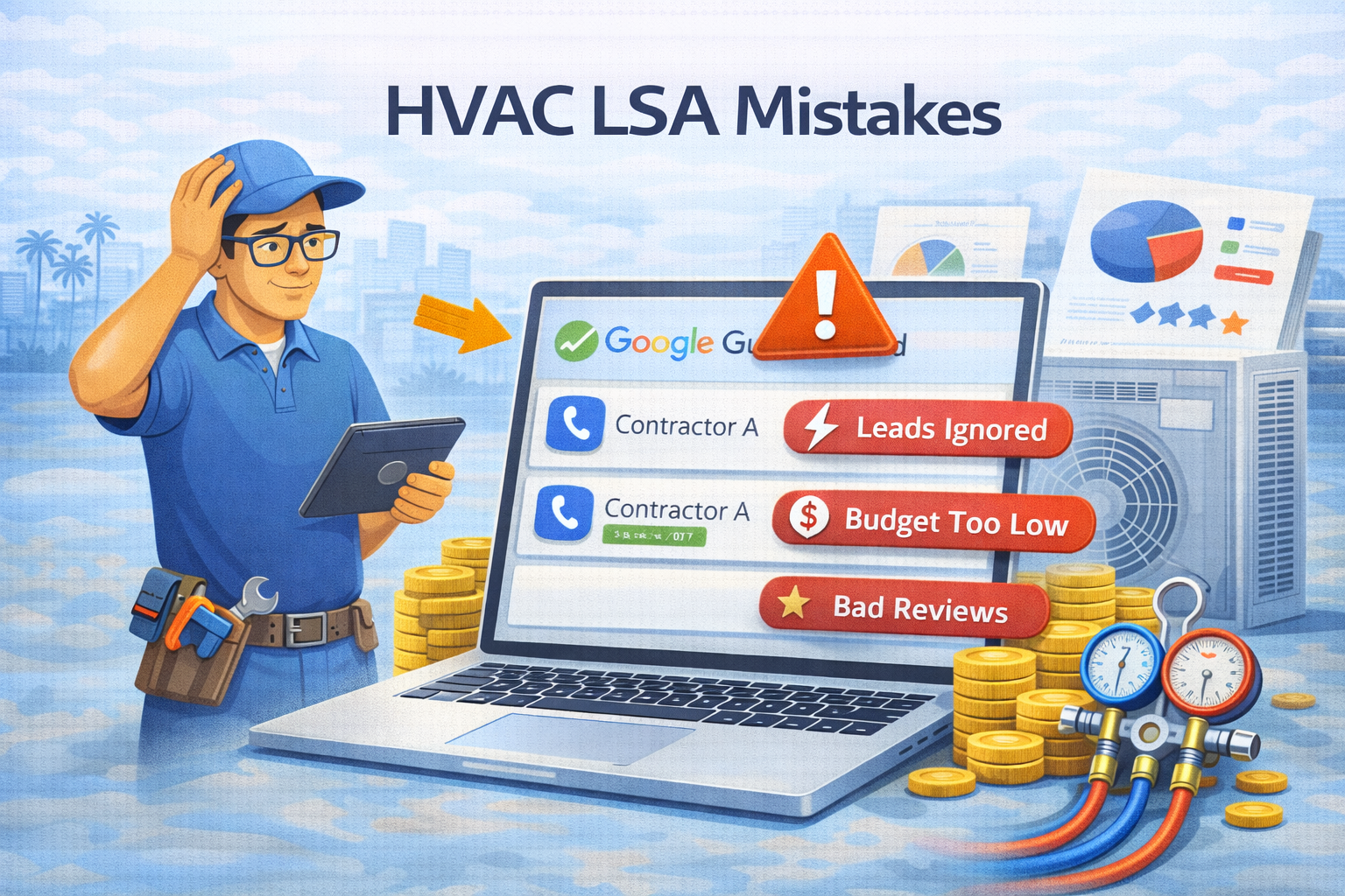 12 HVAC LSA mistakes with severity ratings showing what costs contractors leads, rankings, and revenue