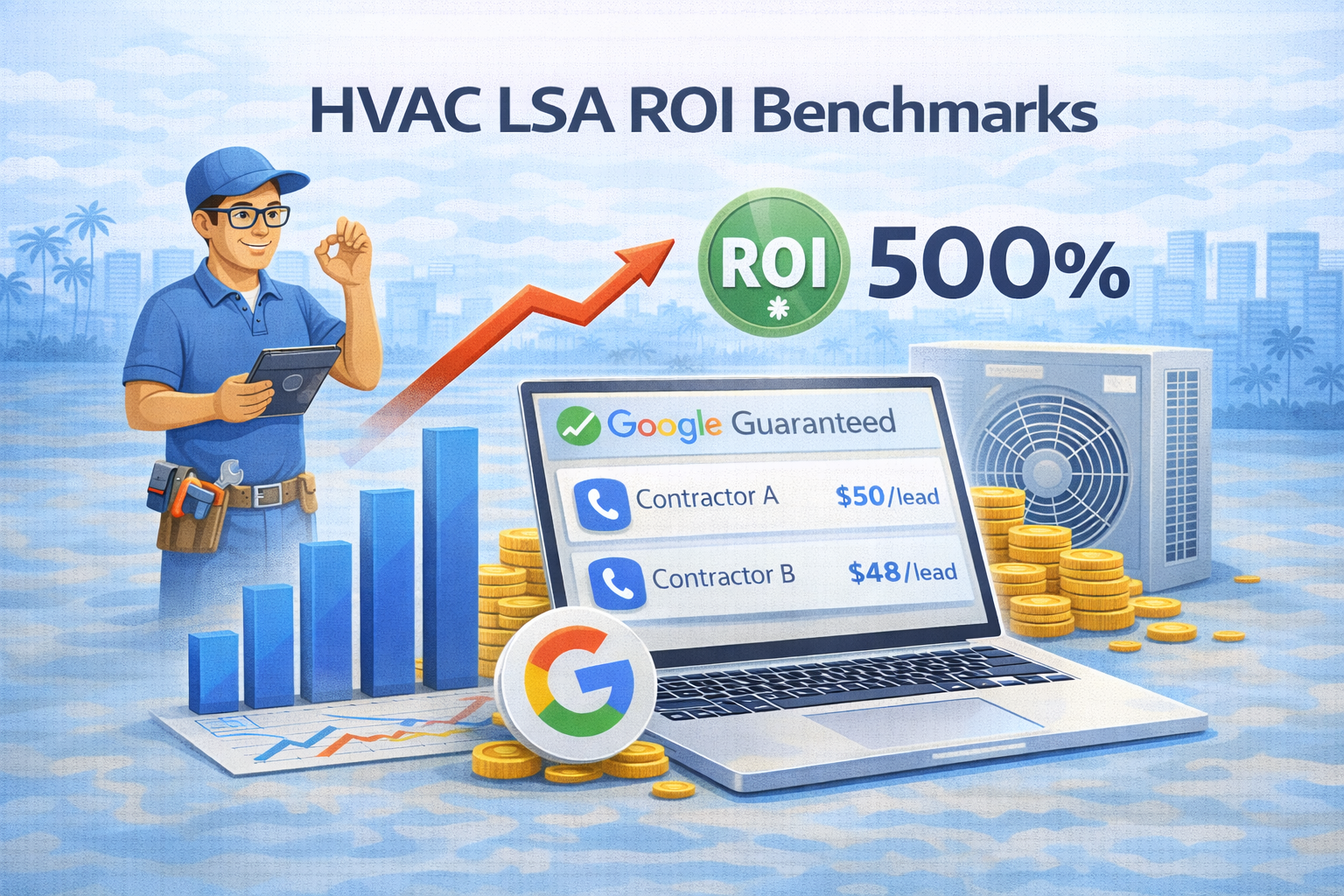 HVAC LSA ROI benchmarks by business model showing ROAS ranges for repair, replacement, and maintenance plan companies