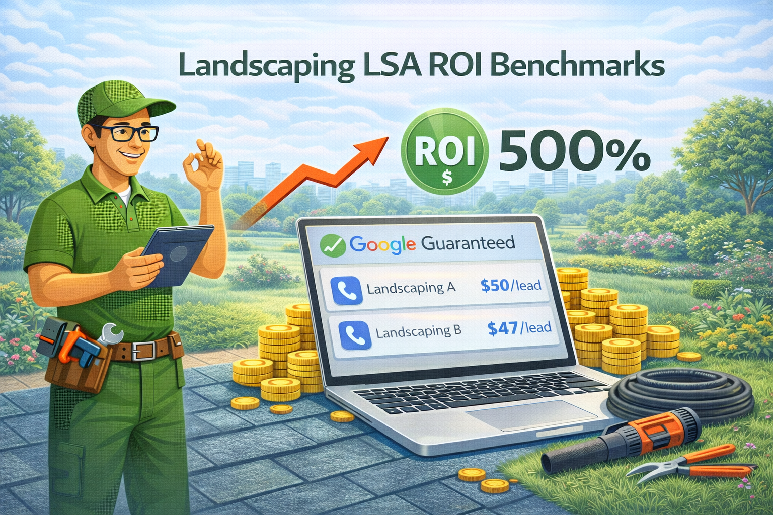 Landscaping LSA ROI benchmark scenarios for maintenance, hardscape, and commercial companies