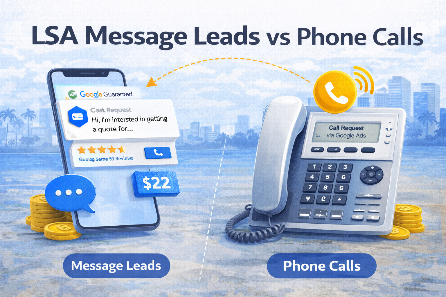 Comparison of LSA message leads versus phone call leads showing cost and conversion differences