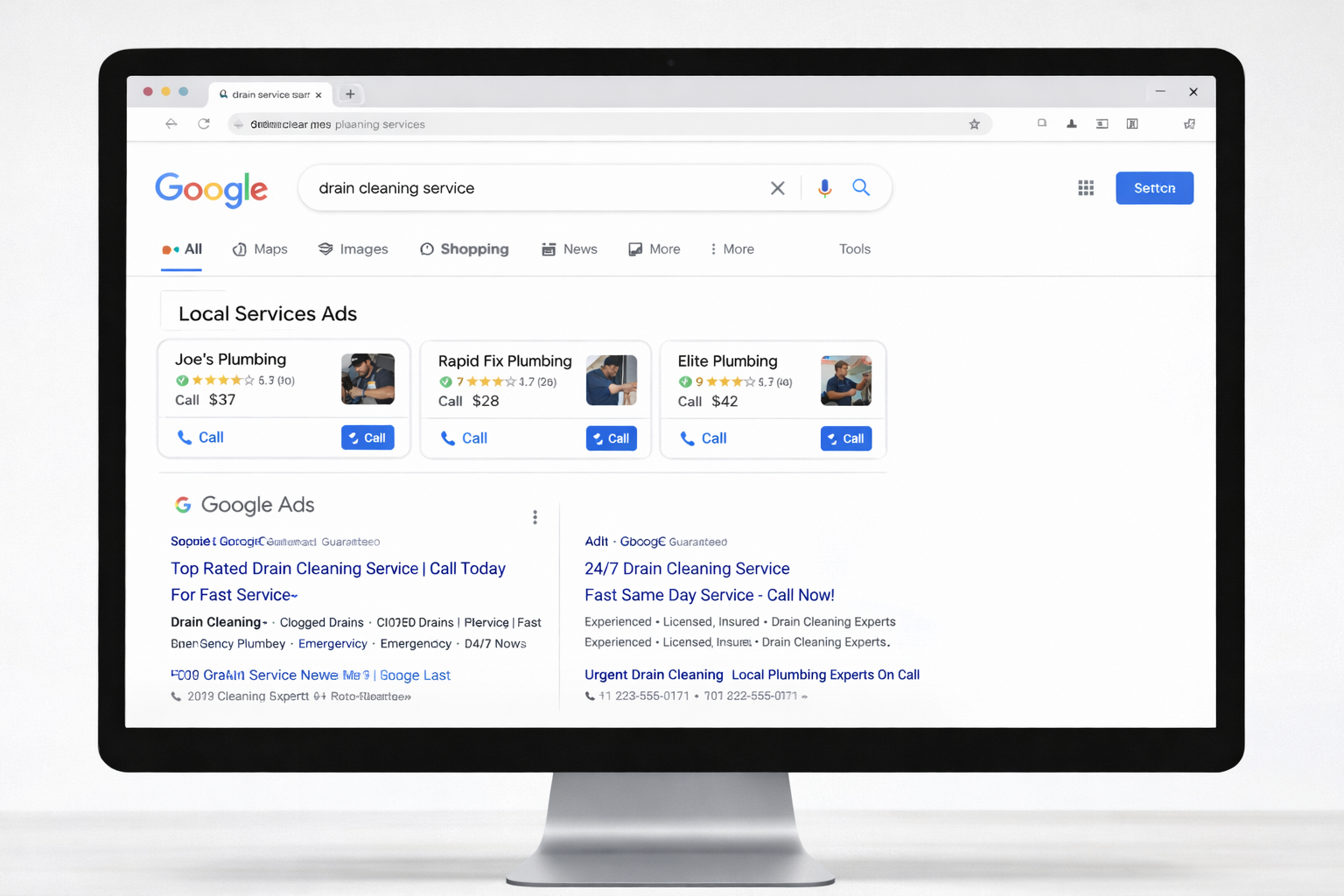 Desktop mockup showing Google Ads below Local Services Ads