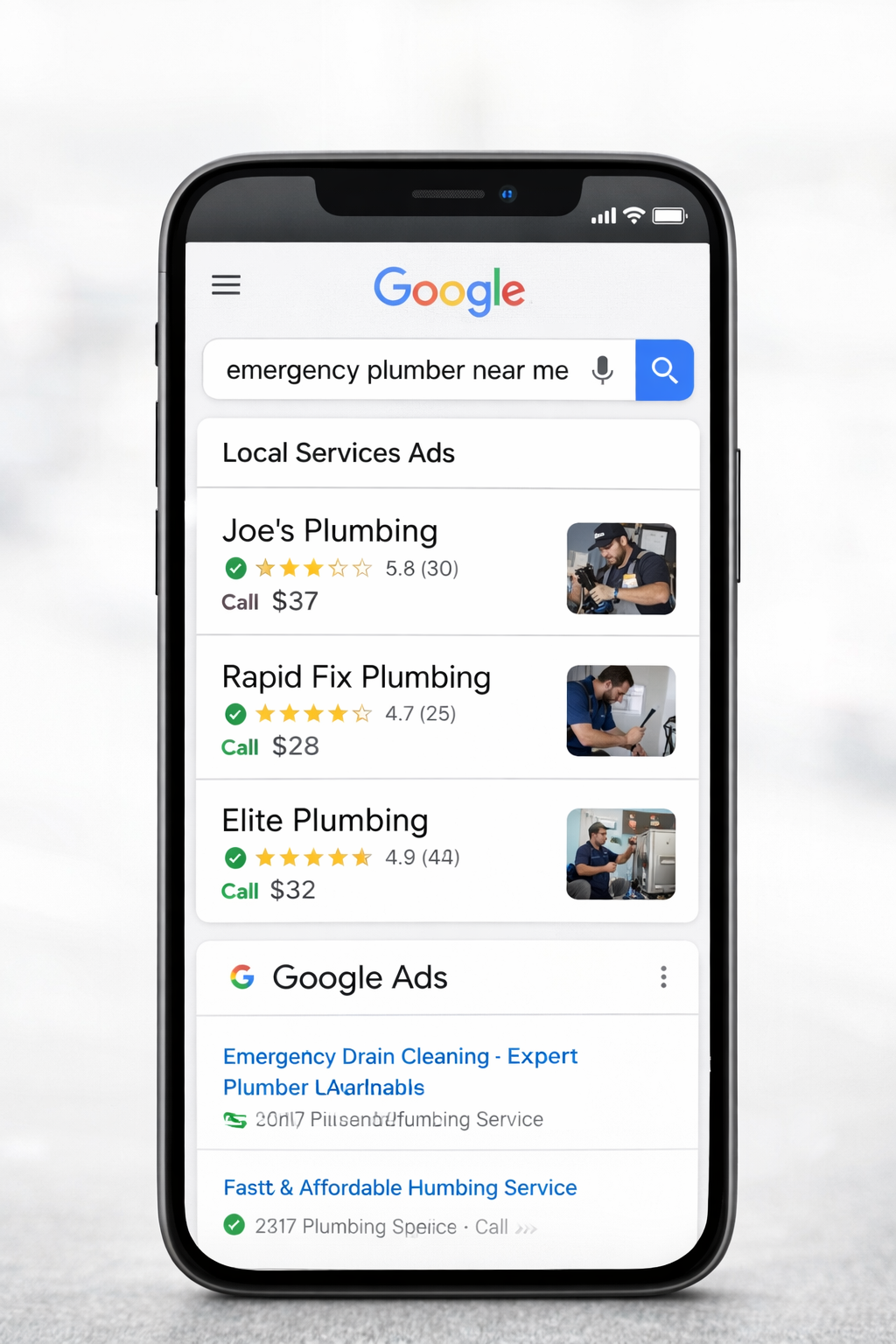 Mobile mockup of Local Services Ads for 'emergency plumber near me'