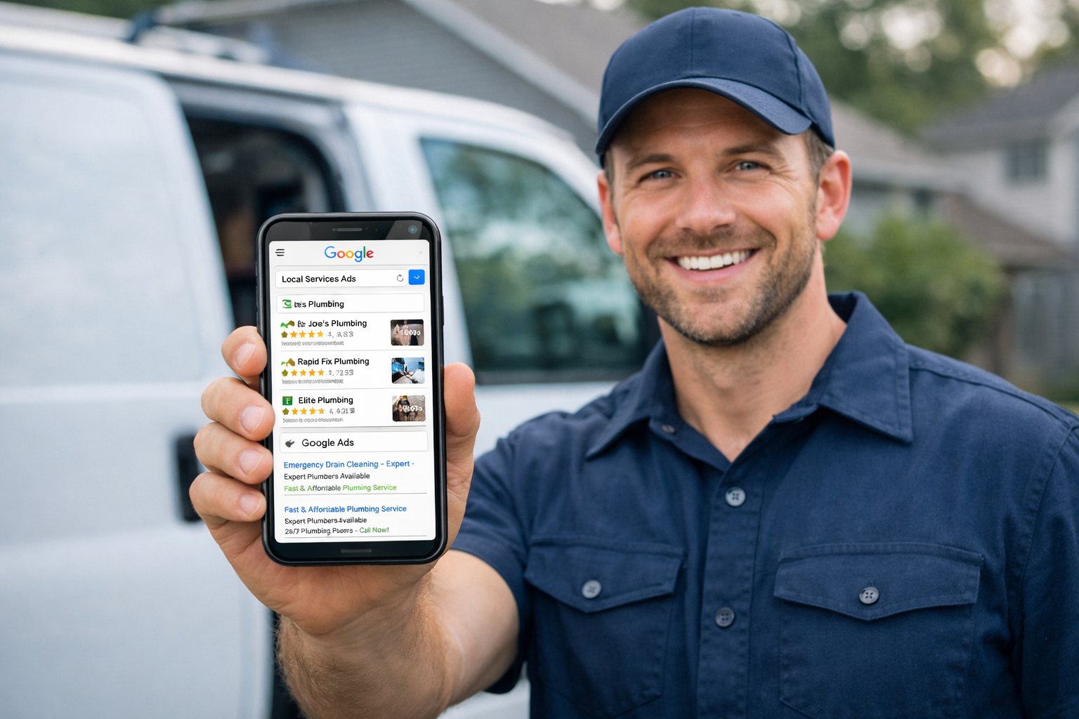 Plumber holding a phone showing Google Local Services Ads and Google Ads results