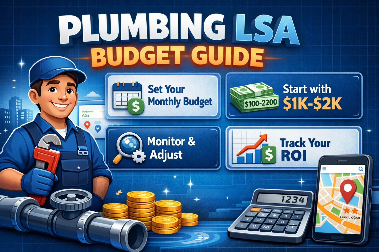 Plumbing LSA monthly budget calendar showing seasonal spend strategy for 1-truck to 5+ truck plumbing companies