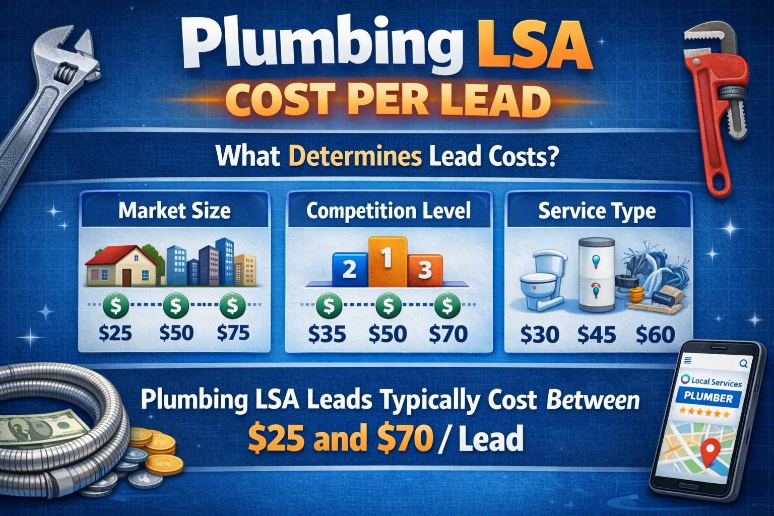Plumbing LSA cost per lead benchmarks by season, market size, and job type