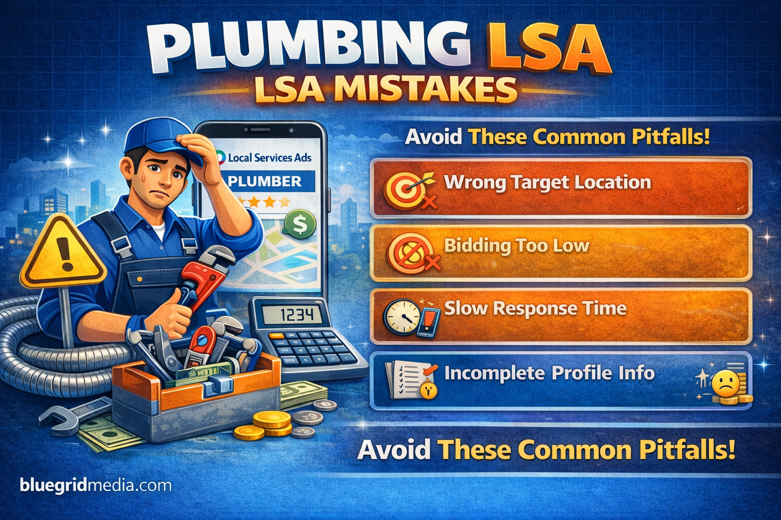 Plumber reviewing LSA dashboard on tablet showing missed calls and low ranking
