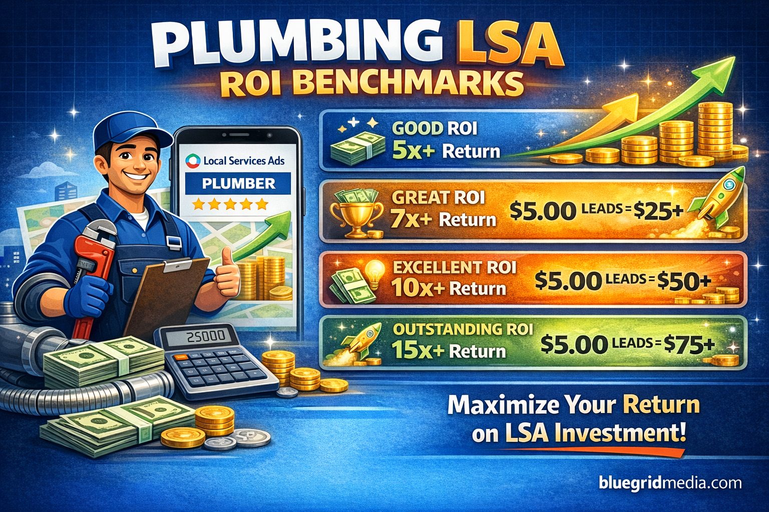 Plumbing LSA ROI benchmarks dashboard showing ROAS by job type and company size
