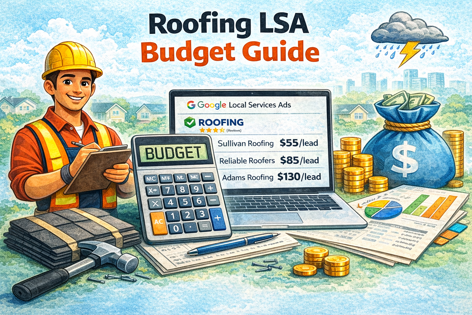 Month-by-month roofing LSA budget calendar for 1-truck, 3-truck, and 5+ truck companies