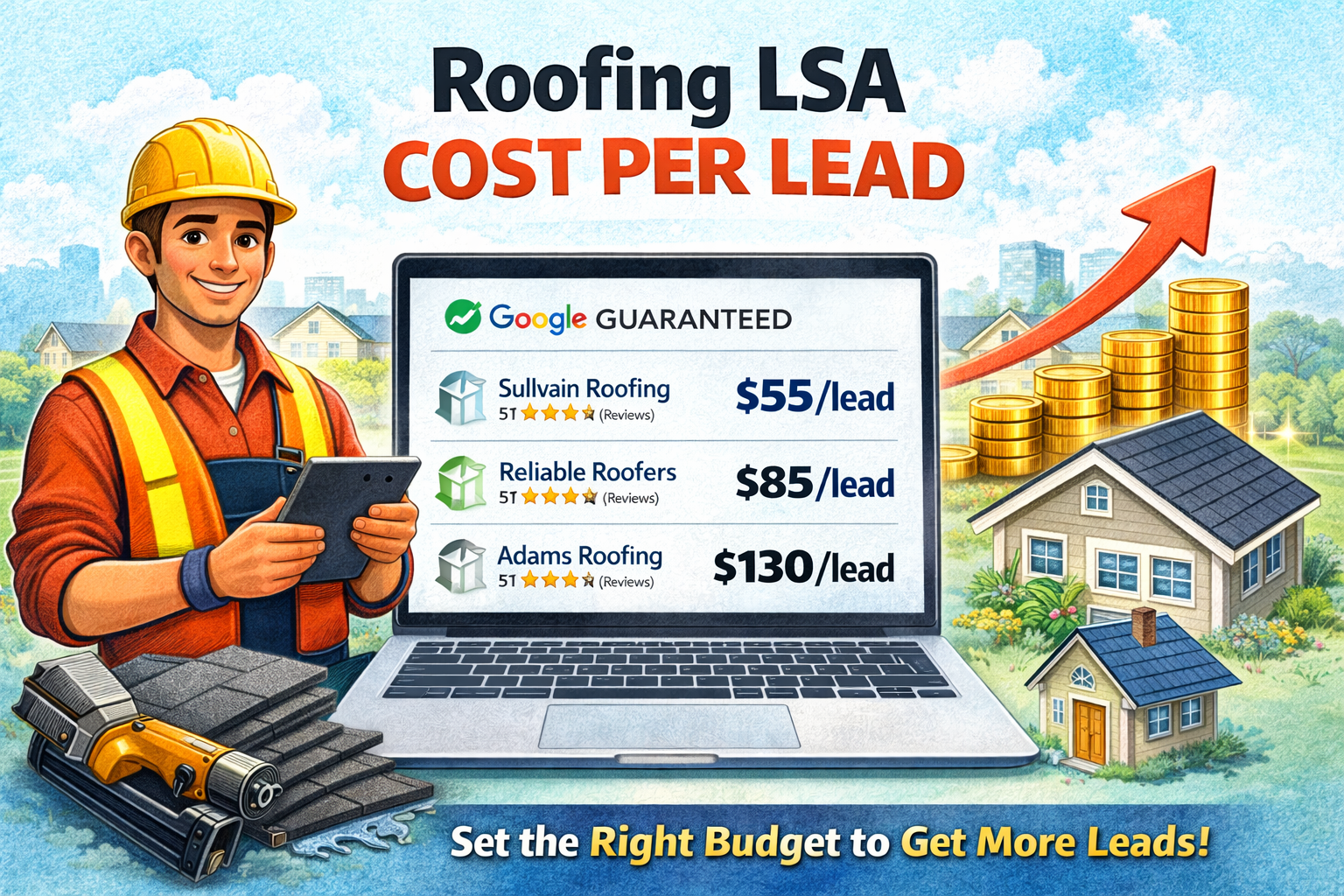 Roofing LSA cost per lead benchmark chart by season and market size