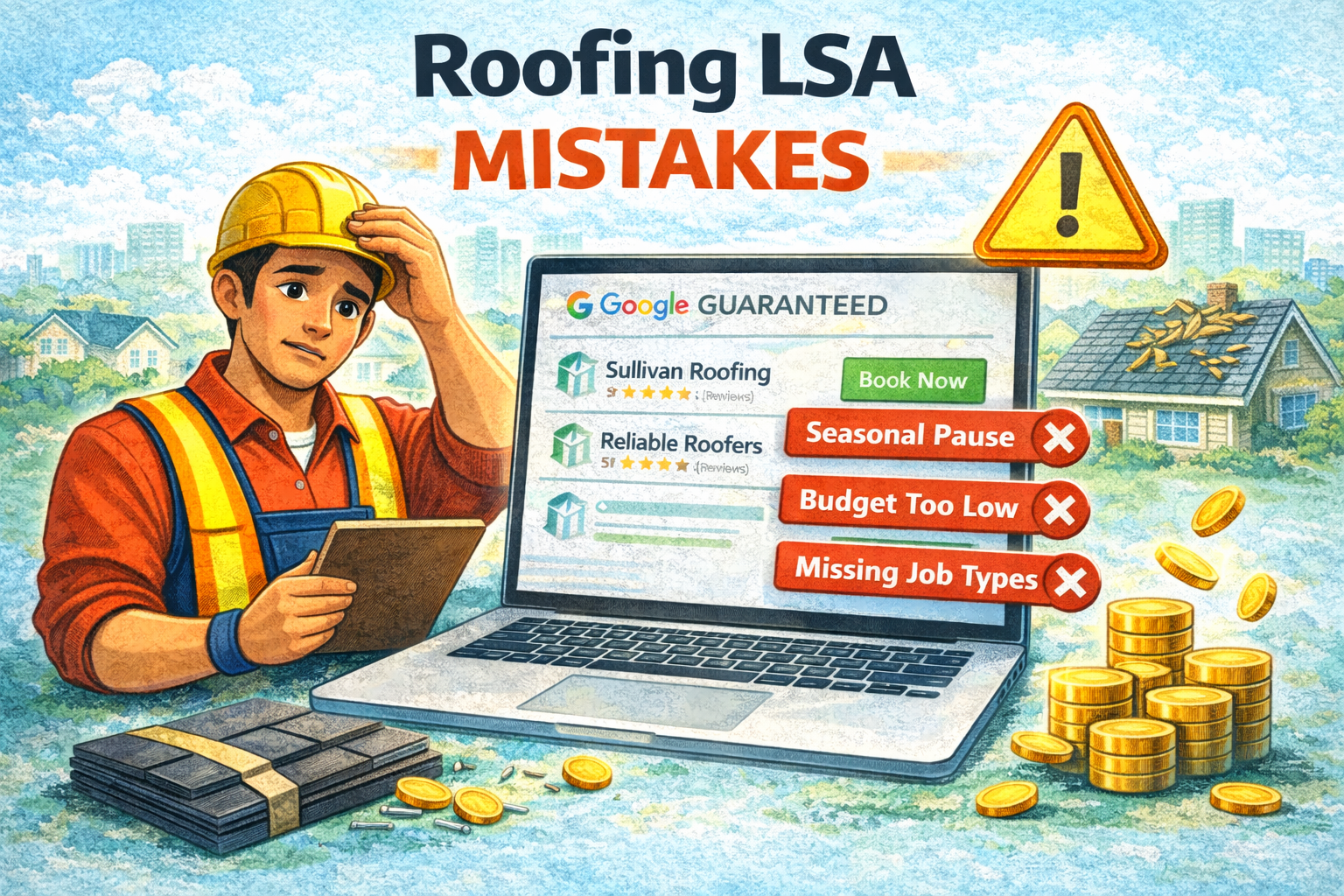 Roofing LSA mistakes checklist with severity ratings and step-by-step fixes