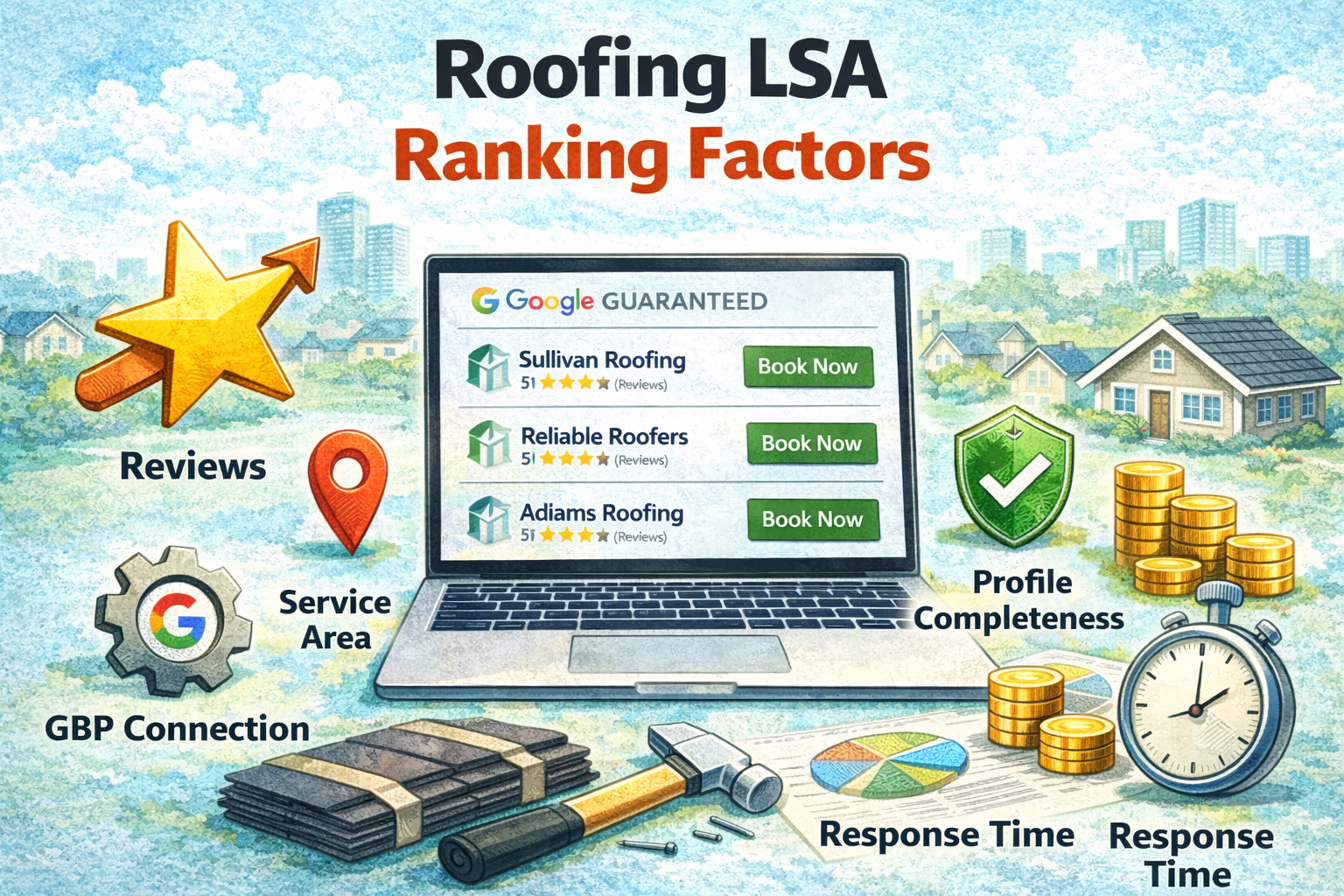 Roofing LSA ranking factors checklist showing job types, review velocity targets, and GBP setup