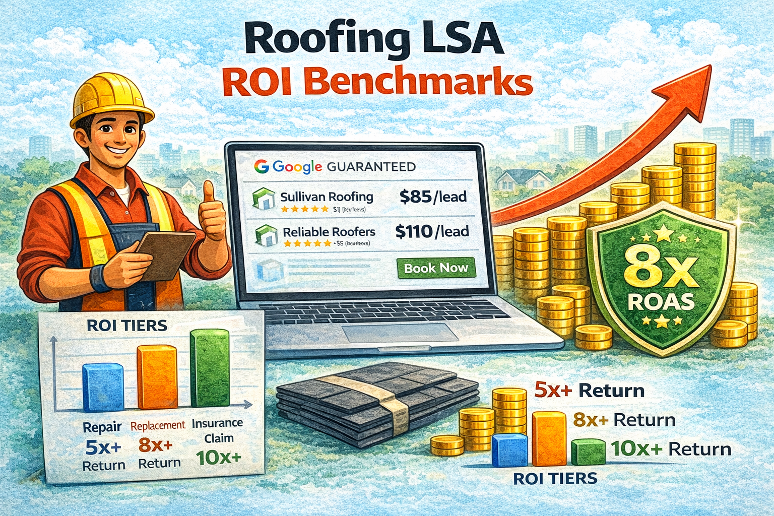 Roofing LSA ROI benchmark scenarios for repair, replacement, and insurance claim companies