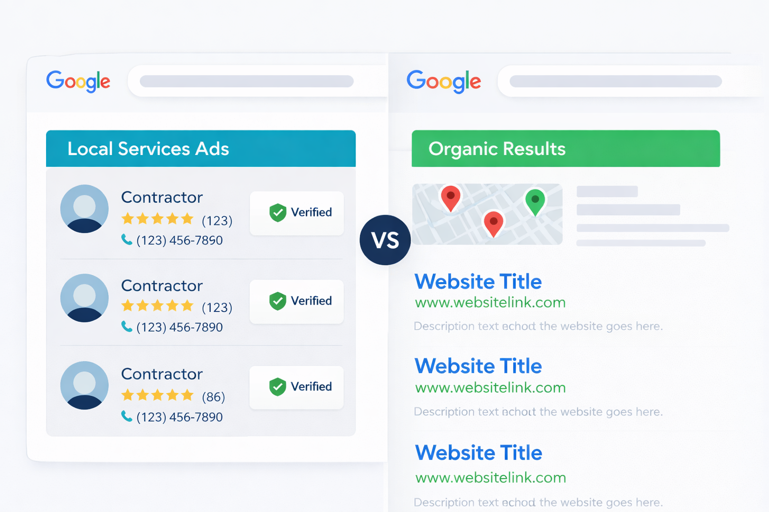 Split comparison showing organic search results and Local Services Ads on Google for a contractor search query