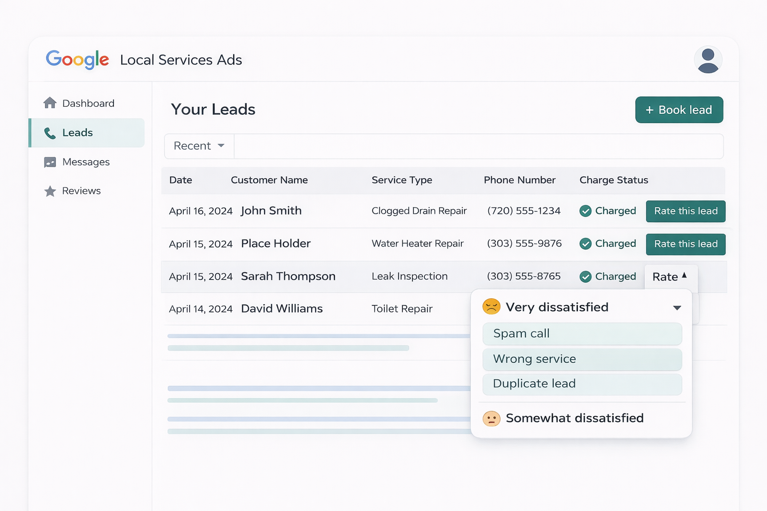 Screenshot of the Google LSA dashboard highlighting the rate this lead button and the dissatisfaction options for requesting a lead credit