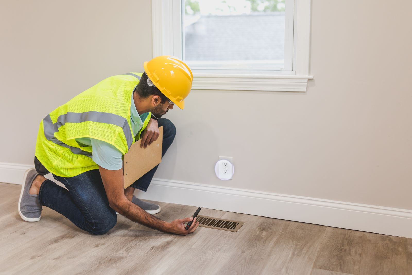 Technician inspecting a floor vent in a home
