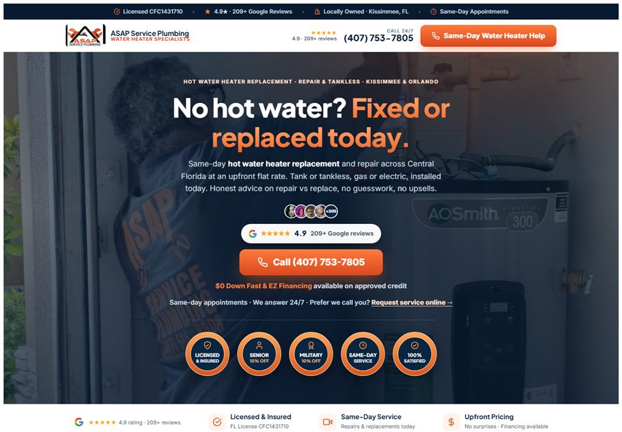 ASAP Service Plumbing water heater landing page built by Blue Grid Media
